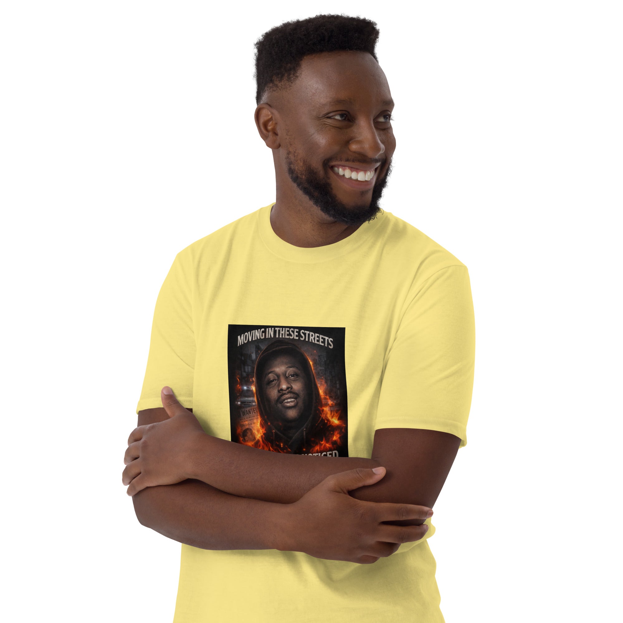 Frank Matthews Unisex T-Shirt worn by a smiling man in a yellow shirt, showcasing urban streetwear style.