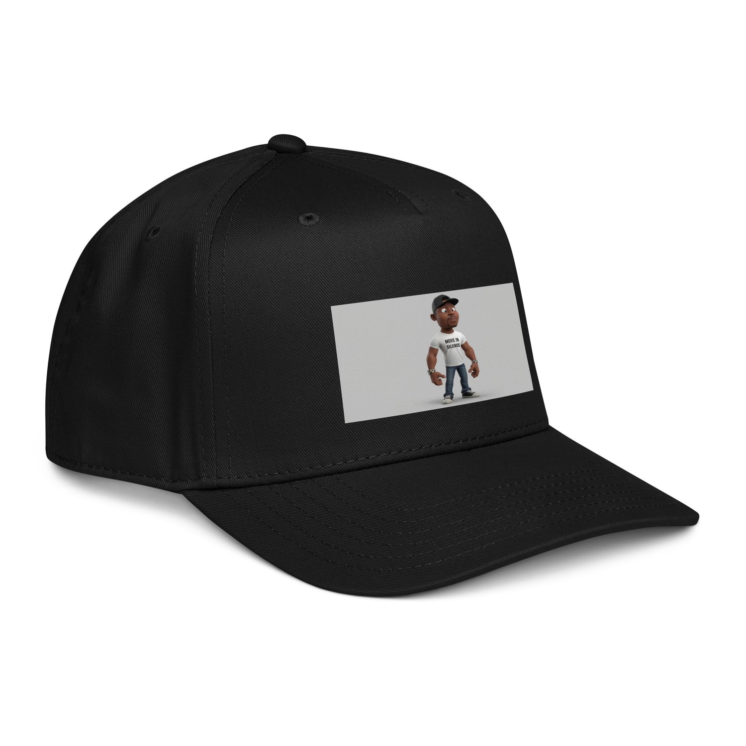 Black 5 panel cap angled view with front graphic patch