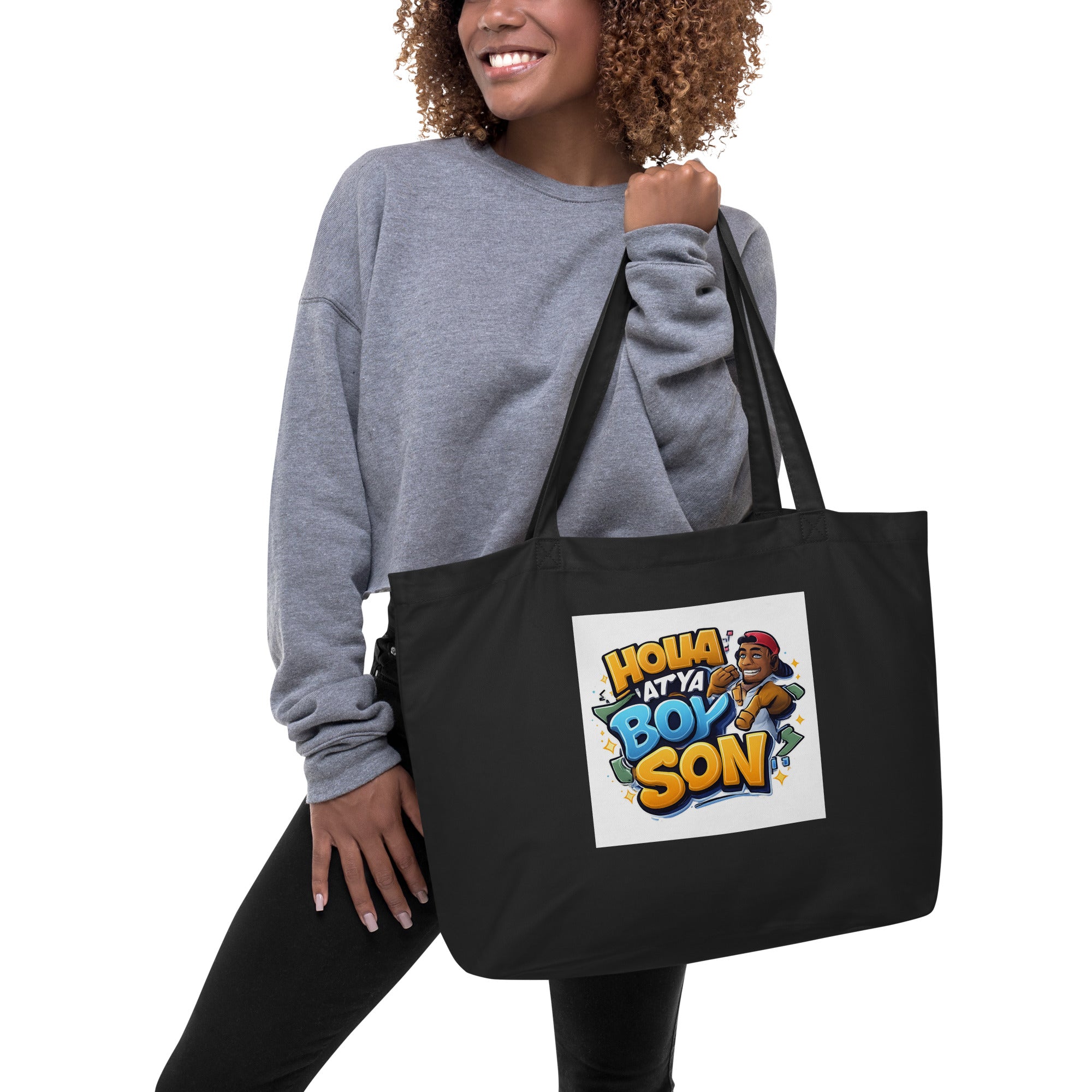 Product mockupHolla At Your Boy Son Large organic tote bag