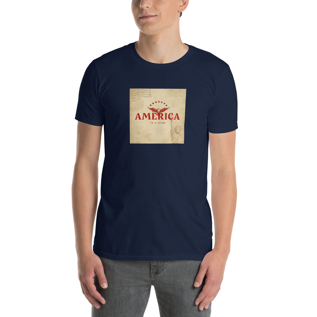 Product mockupAmerica Is A Scam Short-Sleeve Unisex T-Shirt
